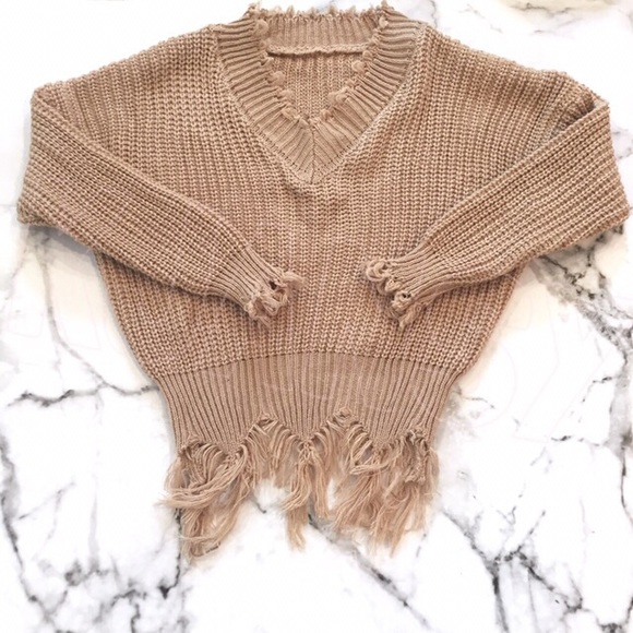 Tan Distressed V Neck Sweater - Picture 3 of 5